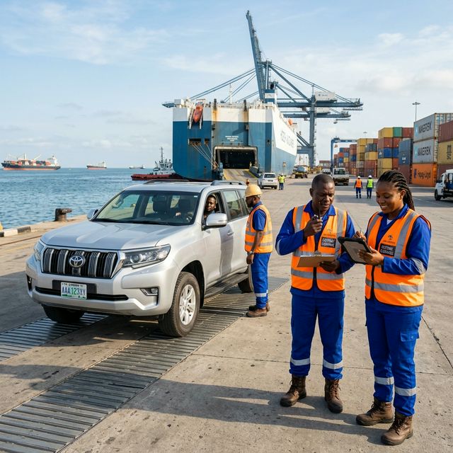 Professional logistics team coordinating vehicle clearance at a West African port